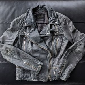 AllSaints Cargo Leather Biker Jacket in Gray